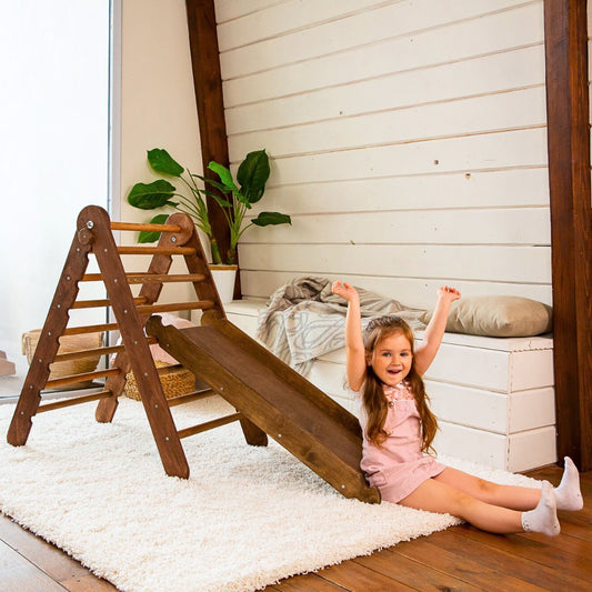 2in1 Montessori Climbing Frame Set: Triangle Ladder + Slide Board/Ramp – Chocolate