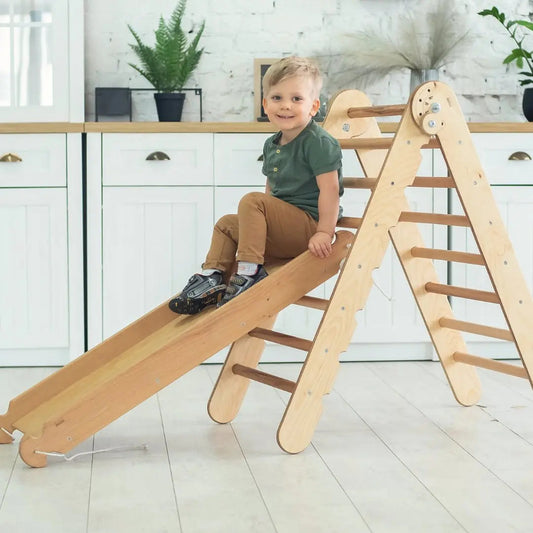 2in1 Montessori Climbing Set: Triangle Ladder + Slide Board/Ramp – Beige