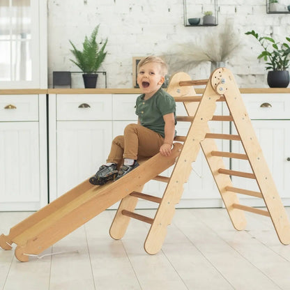 2in1 Montessori Climbing Set: Triangle Ladder + Slide Board/Ramp – Beige