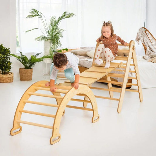 3in1 Montessori Climbing Set: Triangle Ladder + Wooden Arch + Slide Board – Beige NEW