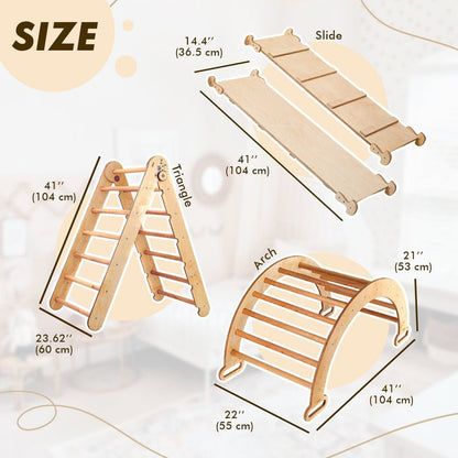 3in1 Montessori Climbing Set: Triangle Ladder + Wooden Arch + Slide Board – Beige NEW