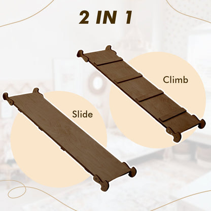 3in1 Montessori Climbing Set: Triangle Ladder + Wooden Arch + Slide Board – Chocolate NEW