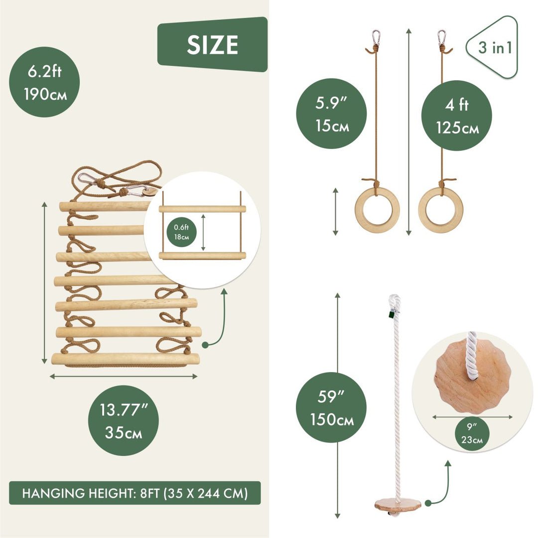 3in1 Swings Set: Rope Ladder + Gymnastic Rings + Disc Rope Swing