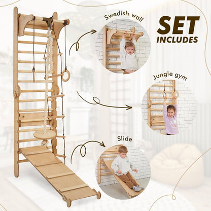 3in1: Wooden Swedish Wall / Climbing Ladder for Children + Swing Set + Slide Board