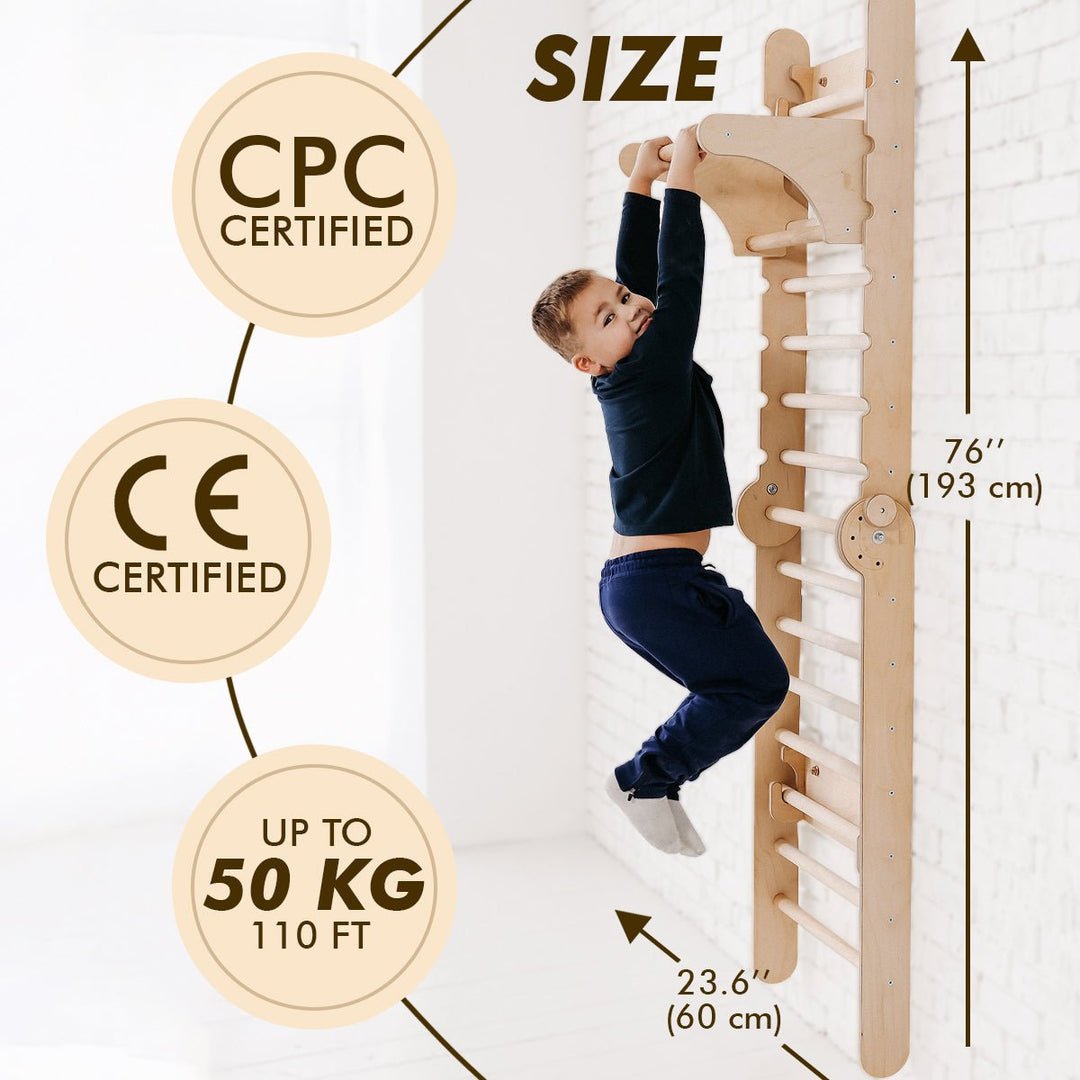 3in1: Wooden Swedish Wall / Climbing Ladder for Children + Swing Set + Slide Board