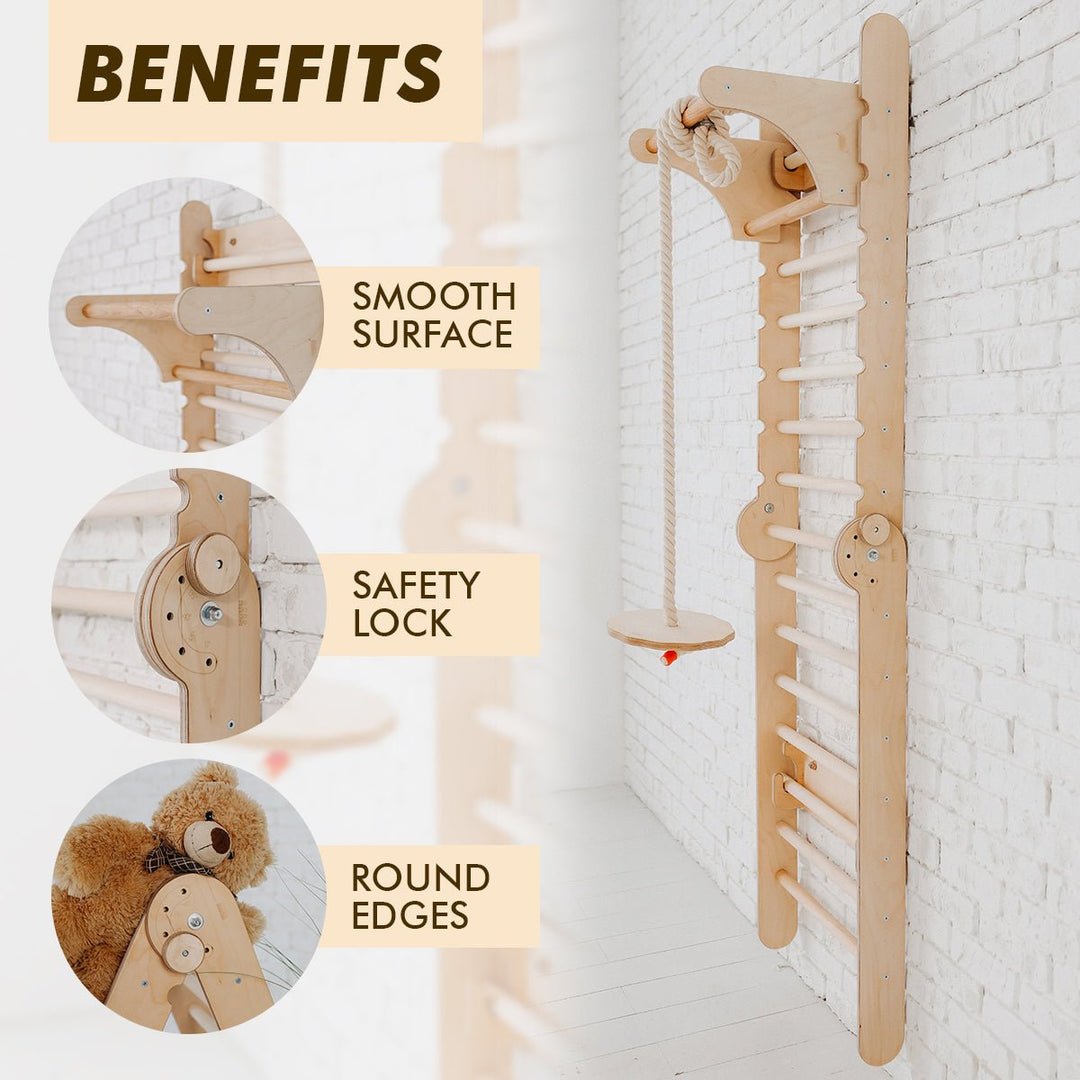 3in1: Wooden Swedish Wall / Climbing Ladder for Children + Swing Set + Slide Board