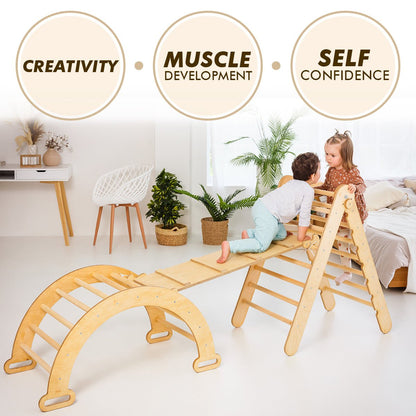 4in1 Montessori Climbing Set: Triangle Ladder + Climbing Arch + Slide Board + Cushion Beige