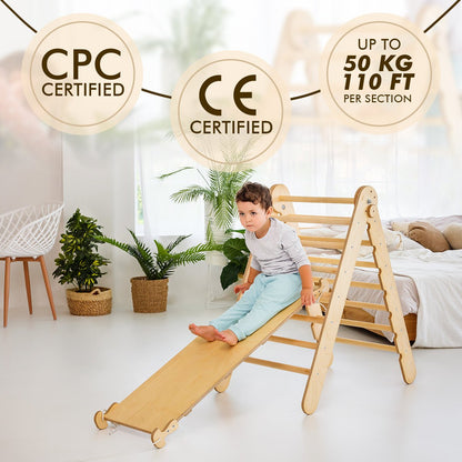 4in1 Montessori Climbing Set: Triangle Ladder + Climbing Arch + Slide Board + Cushion Beige