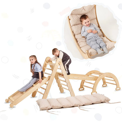 5in1 Montessori Climbing Set: Triangle Ladder + Arch/Rocker + Slide Board/Ramp + Netting Rope + Cushion