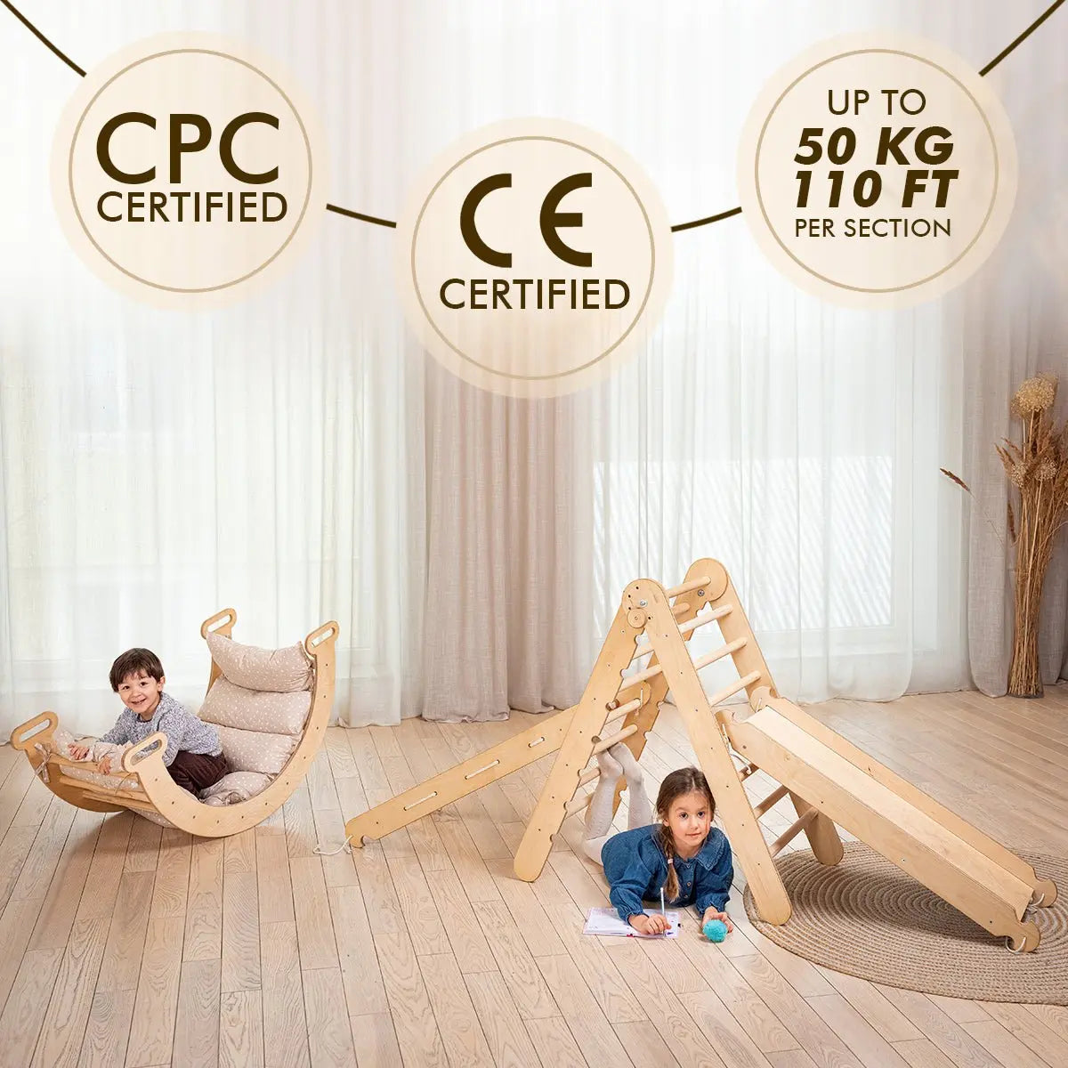 5in1 Montessori Climbing Set: Triangle Ladder + Arch/Rocker + Slide Board/Ramp + Netting Rope + Cushion