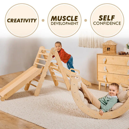 5in1 Montessori Climbing Set: Triangle Ladder + Arch/Rocker + Slide Board/Ramp + Netting Rope + Cushion