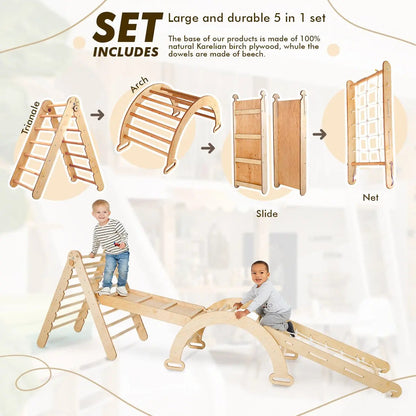 5in1 Montessori Climbing Set: Triangle Ladder + Arch/Rocker + Slide Board/Ramp + Netting Rope + Cushion