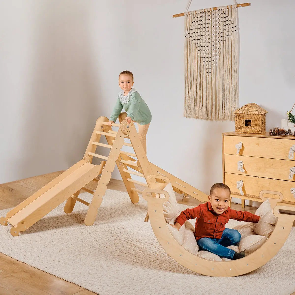 5in1 Montessori Climbing Set: Triangle Ladder + Arch/Rocker + Slide Board/Ramp + Netting Rope + Cushion