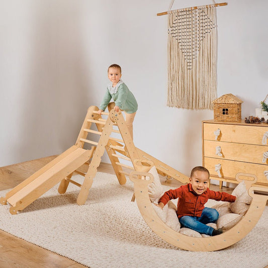 5in1 Montessori Climbing Frame Set: Triangle Ladder + Arch/Rocker + Slide Board/Ramp + Netting Rope + Cushion