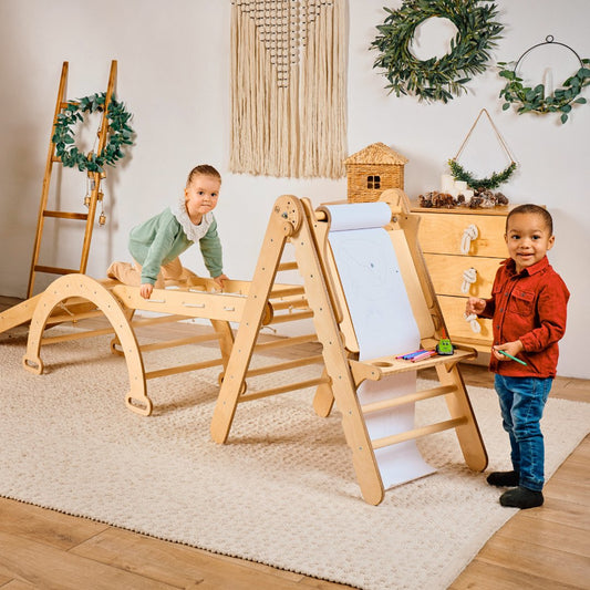 5in1 Montessori Climbing Set: Triangle Ladder + Climbing Arch + Slide Board + Climbing Net + Art Addition