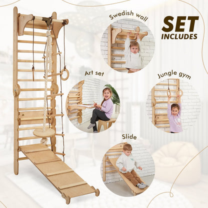 5in1: Wooden Swedish Wall / Climbing Ladder for Children + Swing Set + Slide Board + Art Add-On