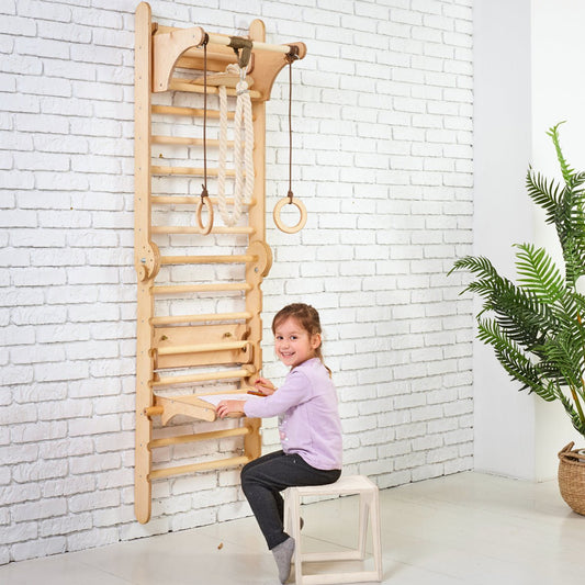 5in1: Wooden Swedish Wall / Climbing Ladder for Children + Swing Set + Slide Board + Art Add-On