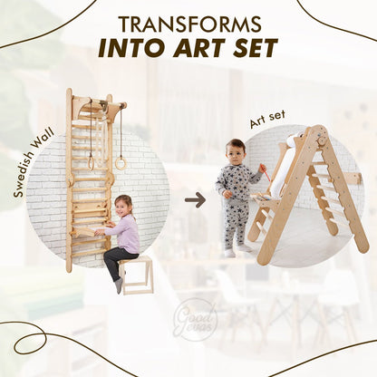 5in1: Wooden Swedish Wall / Climbing Ladder for Children + Swing Set + Slide Board + Art Add-On