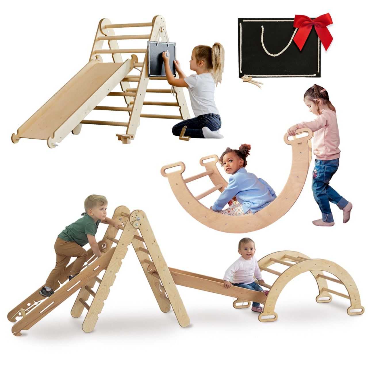 5in1 Montessori Climbing Set: Triangle Ladder + Arch/Rocker + Slide Board/Ramp + Netting Rope + Cushion